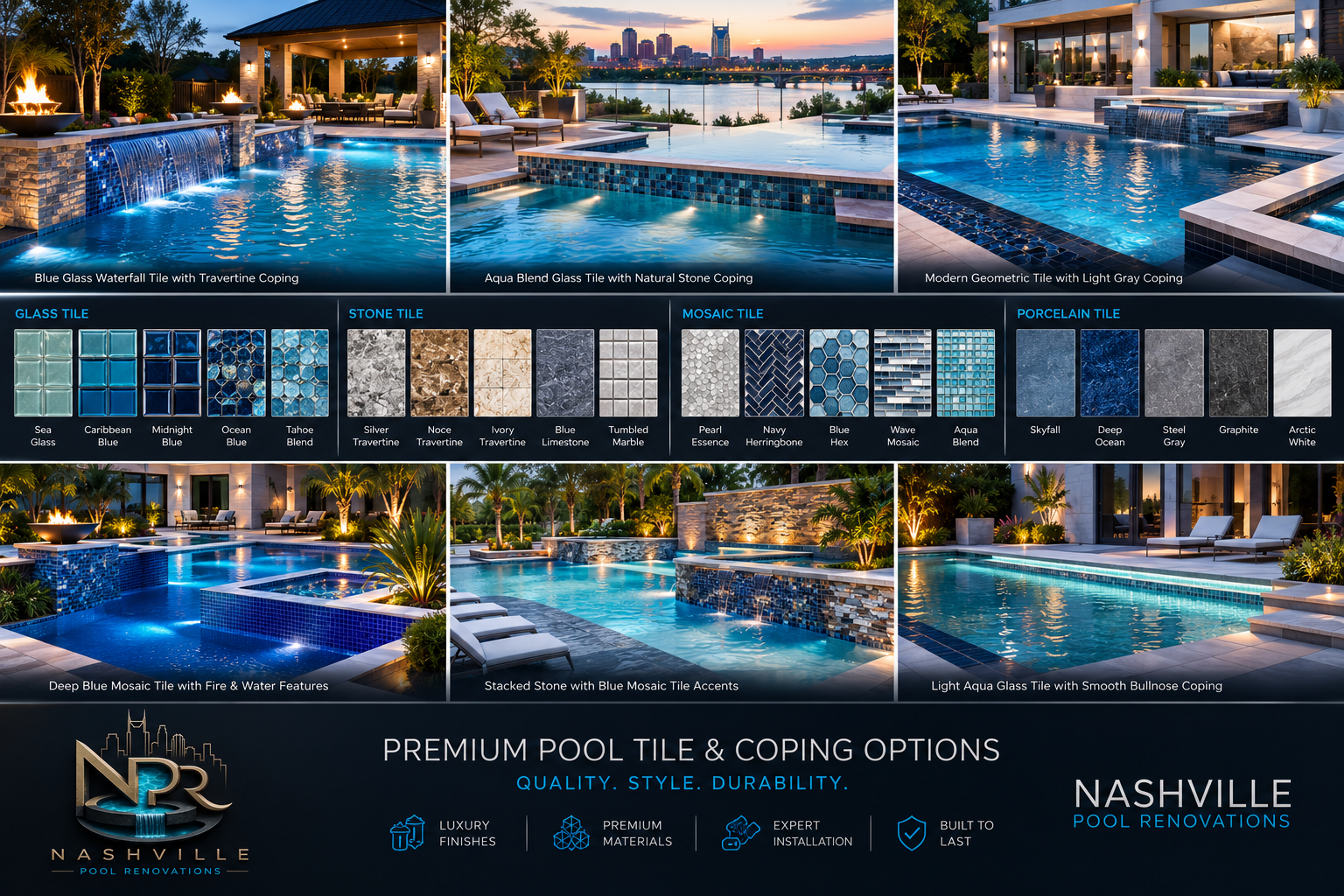 Pool tile and coping options in Nashville — glass, natural stone, mosaic, and porcelain tile with coping combinations