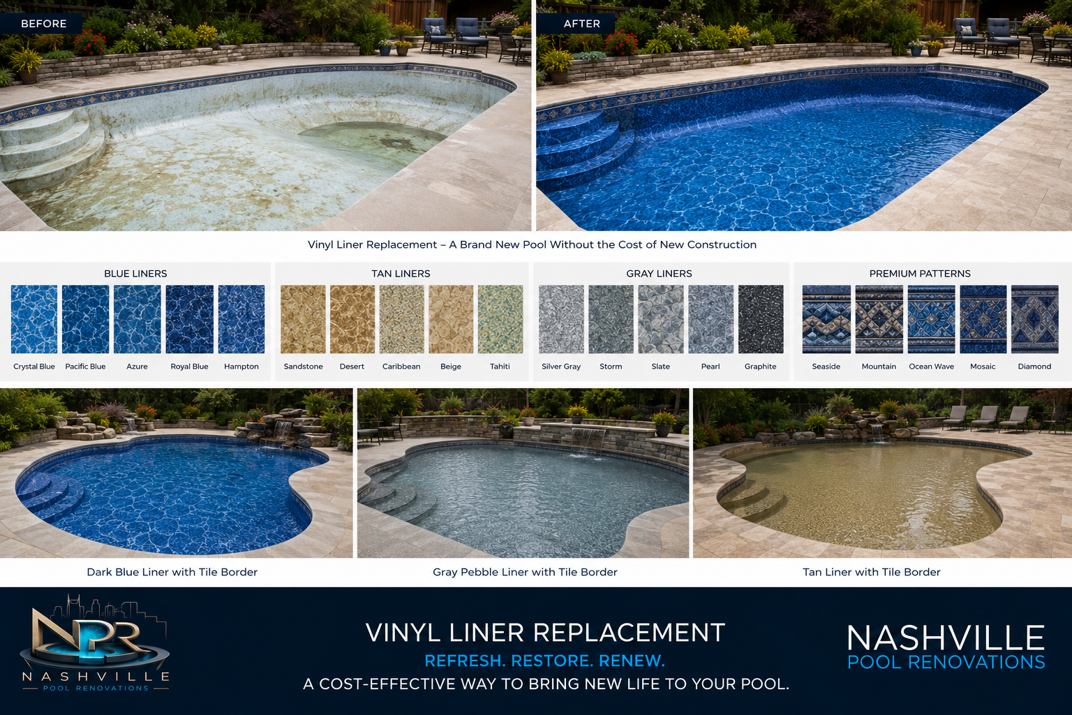 Vinyl pool liner replacement in Nashville — before and after with blue, tan, gray and premium liner pattern options and tile borders