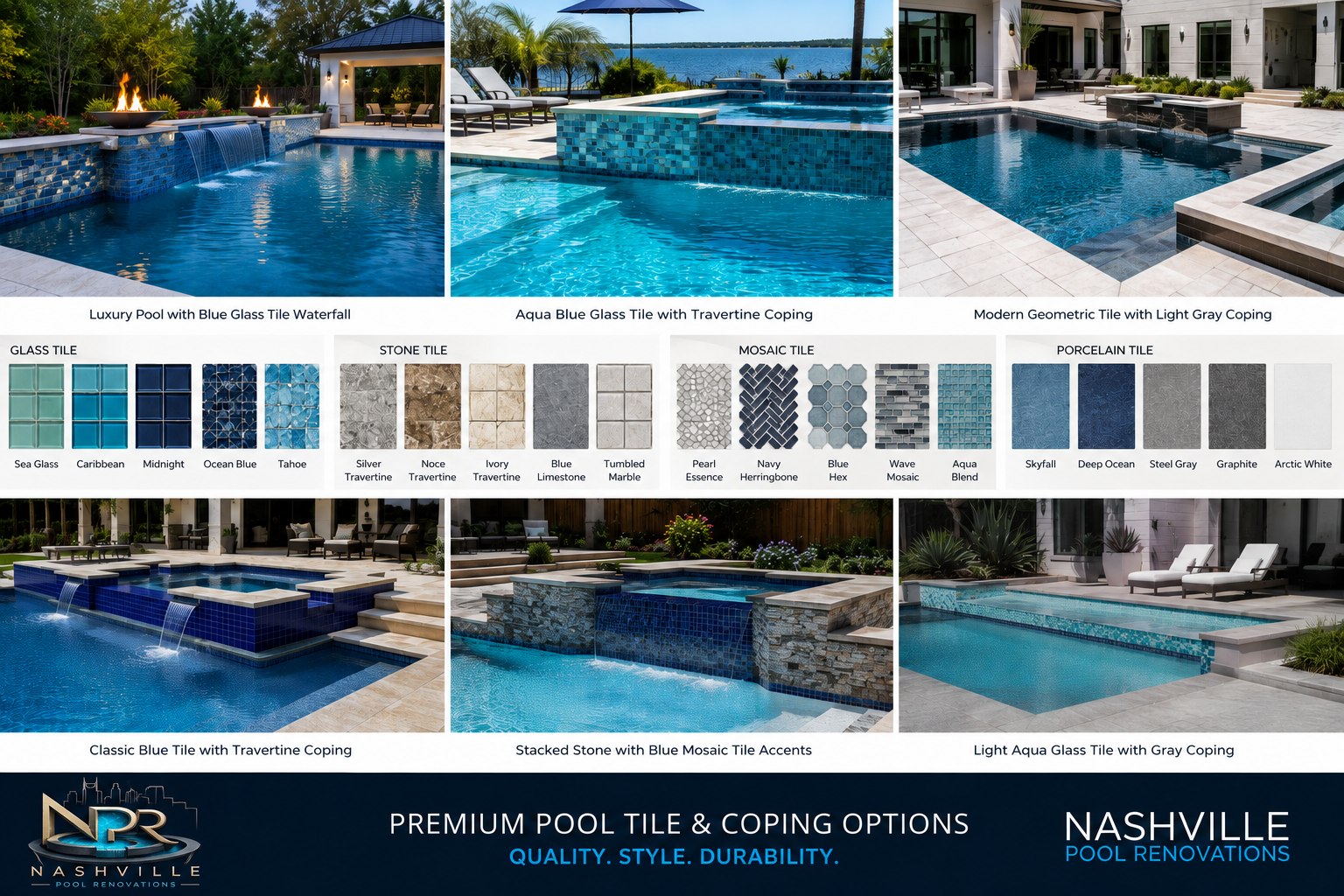 Pool coping and tile combinations — travertine and gray coping with glass, mosaic, and stone waterline tile